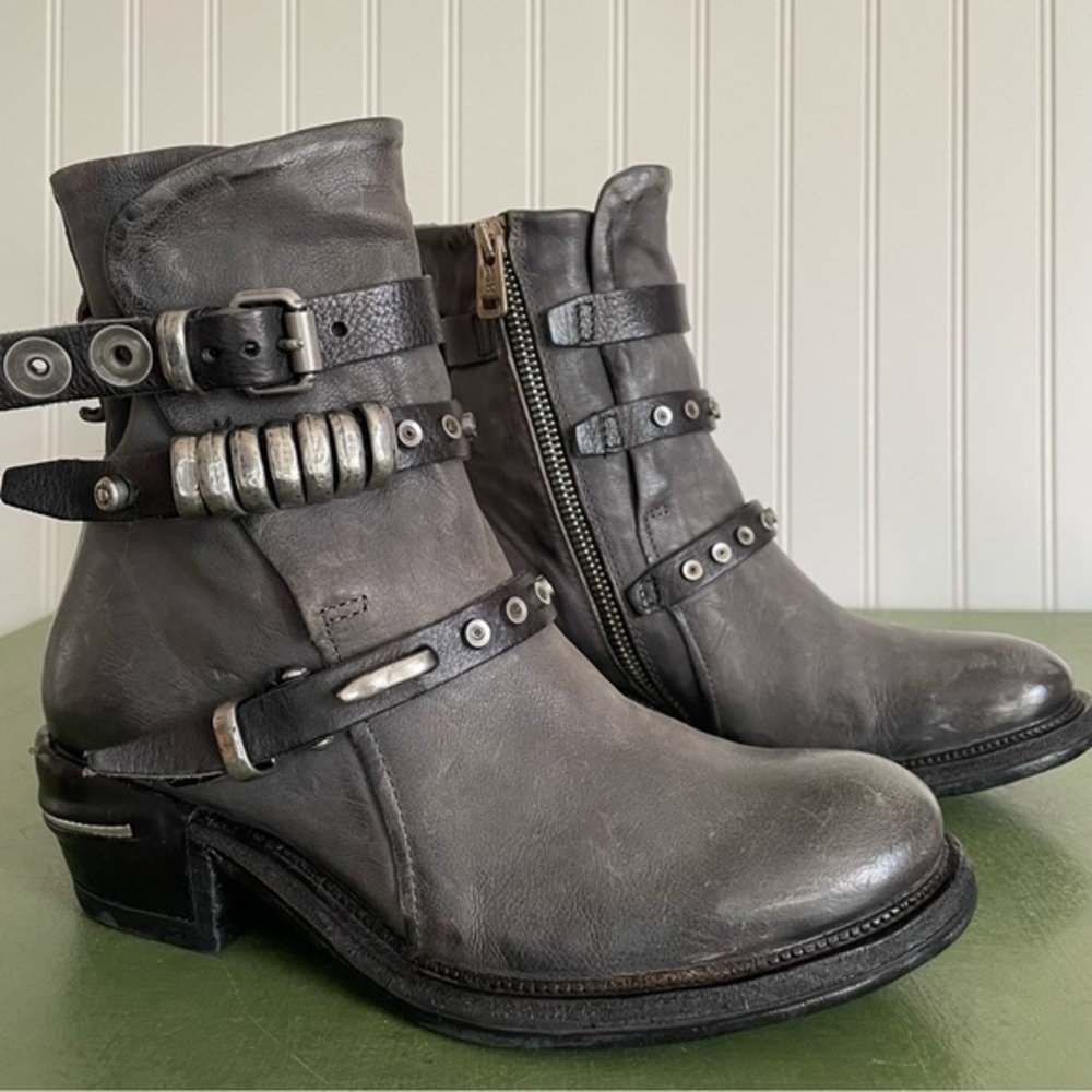 NWT A.S. 98 IVES Boho/Industrial Distressed Strappy Boots w Metal Deco